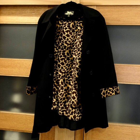 DONNA SALYERS FABULOUS FURS~Black Double Breasted Trench Coat Leopard Faux Fur - Picture 5 of 5